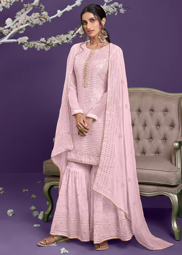 Lemonade Pink Georgette Sharara Suit with Thread, Sequins & Khatli work By Qivii