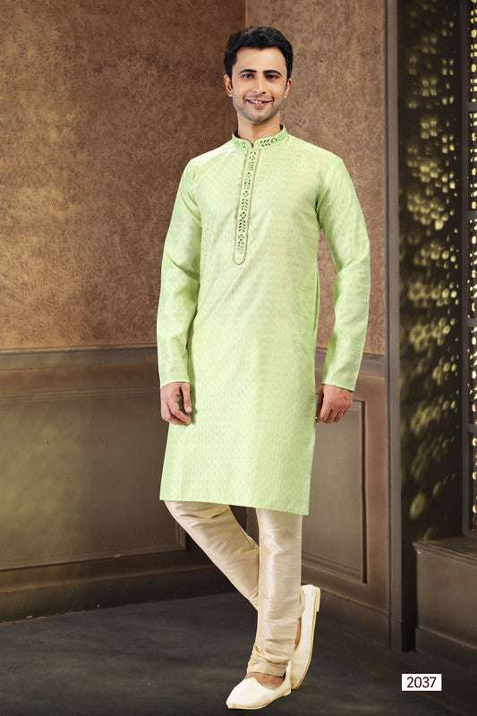 Men's Pista Green Jacquard Art Silk Mirror And Thread Work Kurta Pajama Set