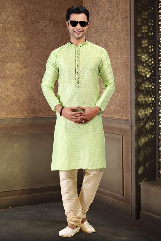 Men's Pista Green Jacquard Art Silk Mirror And Thread Work Kurta Pajama Set