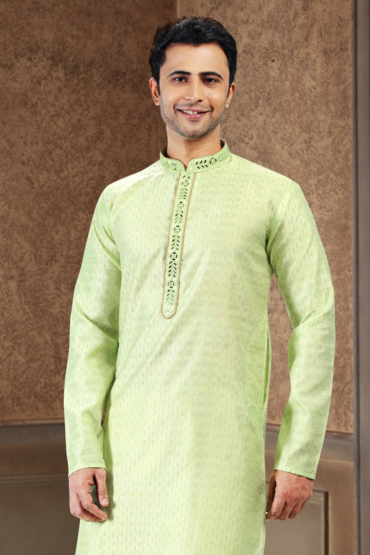 Men's Pista Green Jacquard Art Silk Mirror And Thread Work Kurta Pajama Set
