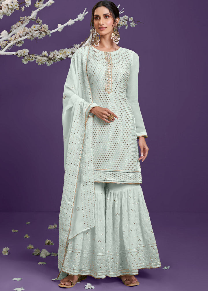 Light Coral Blue Georgette Sharara Suit with Thread, Sequins & Khatli work By Qivii