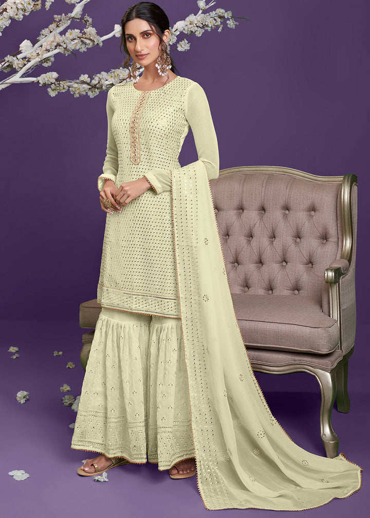 Blonde Yellow Georgette Sharara Suit with Thread, Sequins & Khatli work By Qivii