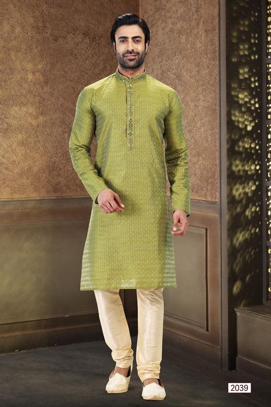 Men's Green Jacquard Art Silk Mirror And Thread Work Kurta Pajama Set