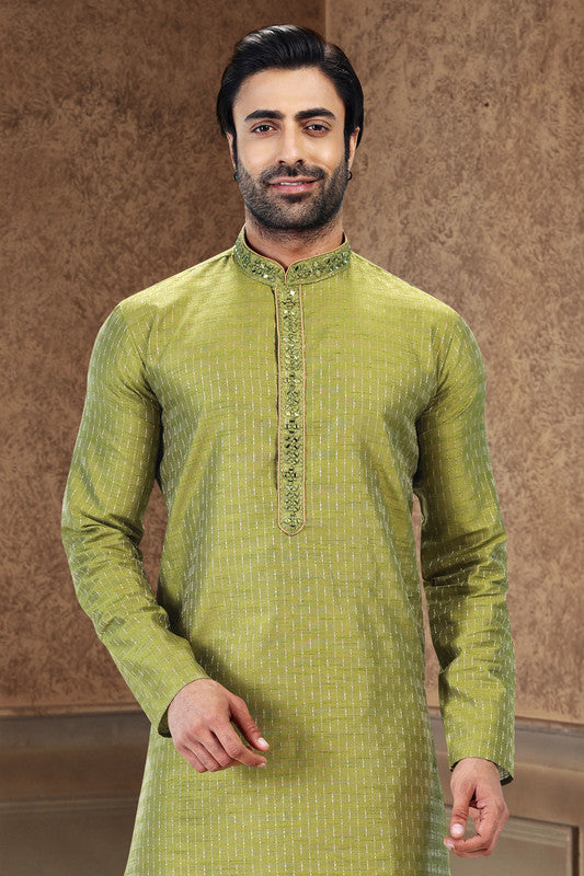 Men's Green Jacquard Art Silk Mirror And Thread Work Kurta Pajama Set