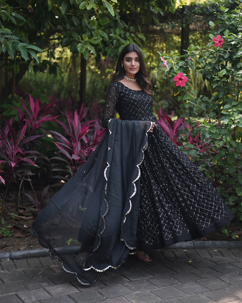 Black Color Designer Anarkali Gown With Dupatta  - By Qivii