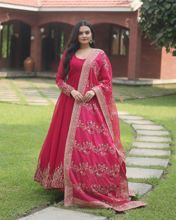 Pink Color Designer Fully Stitched Anarkali Gown  - By Qivii