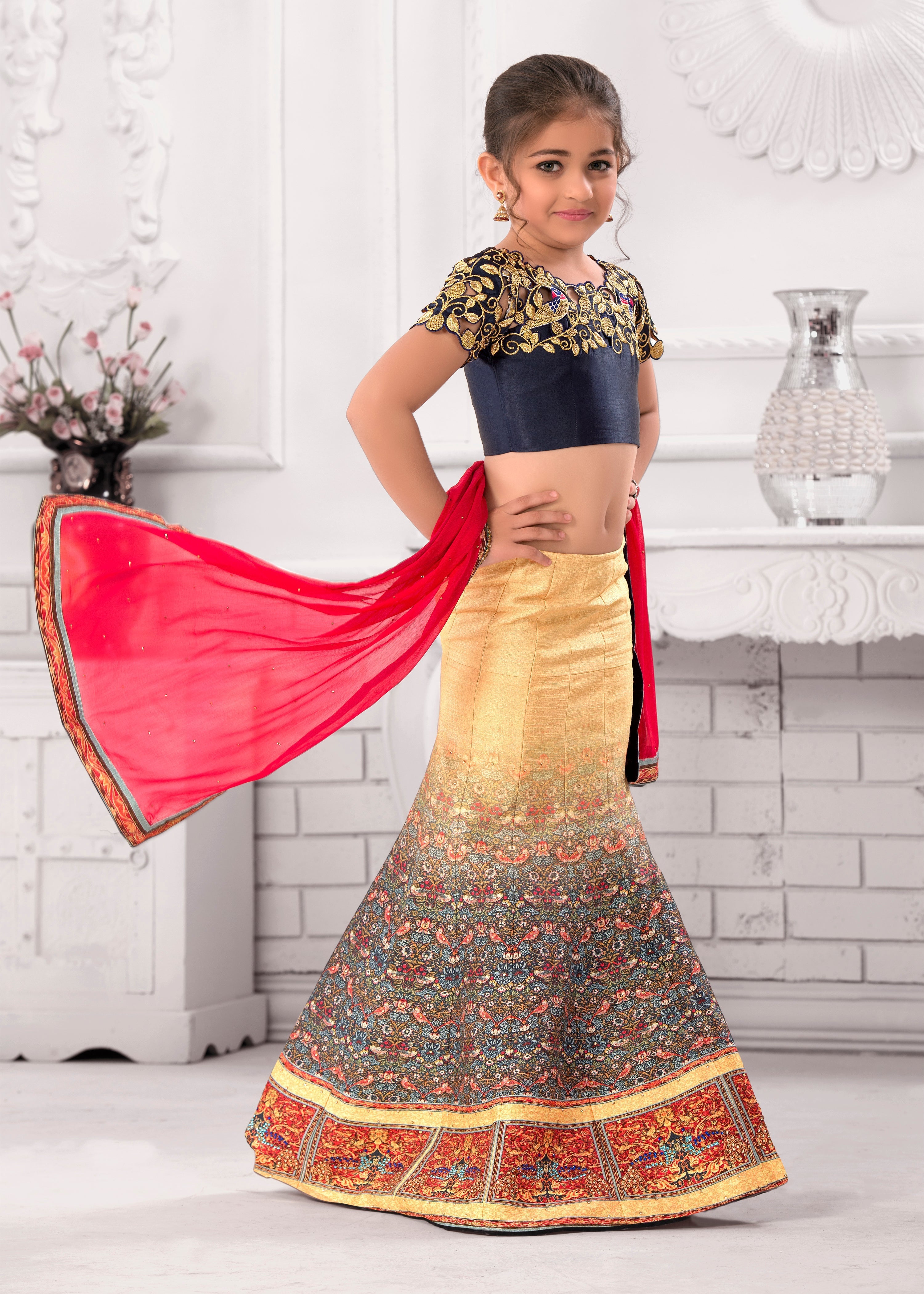 Little Blossom Khadi Mono Silk Lehenga for Kids - qivii