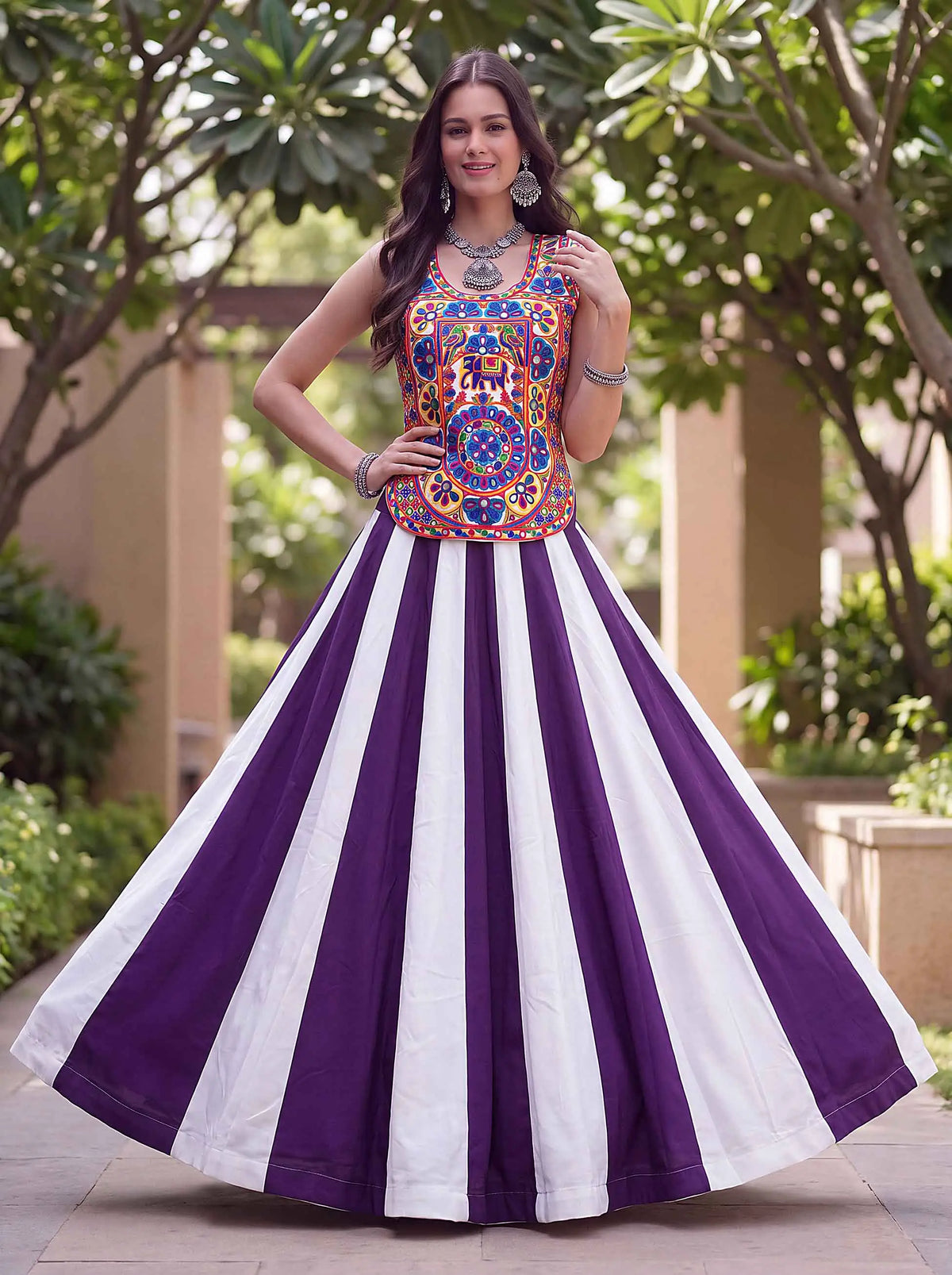 6 Meter Flair | Purple Navratri Lehenga Choli With Kali & Mirror Work