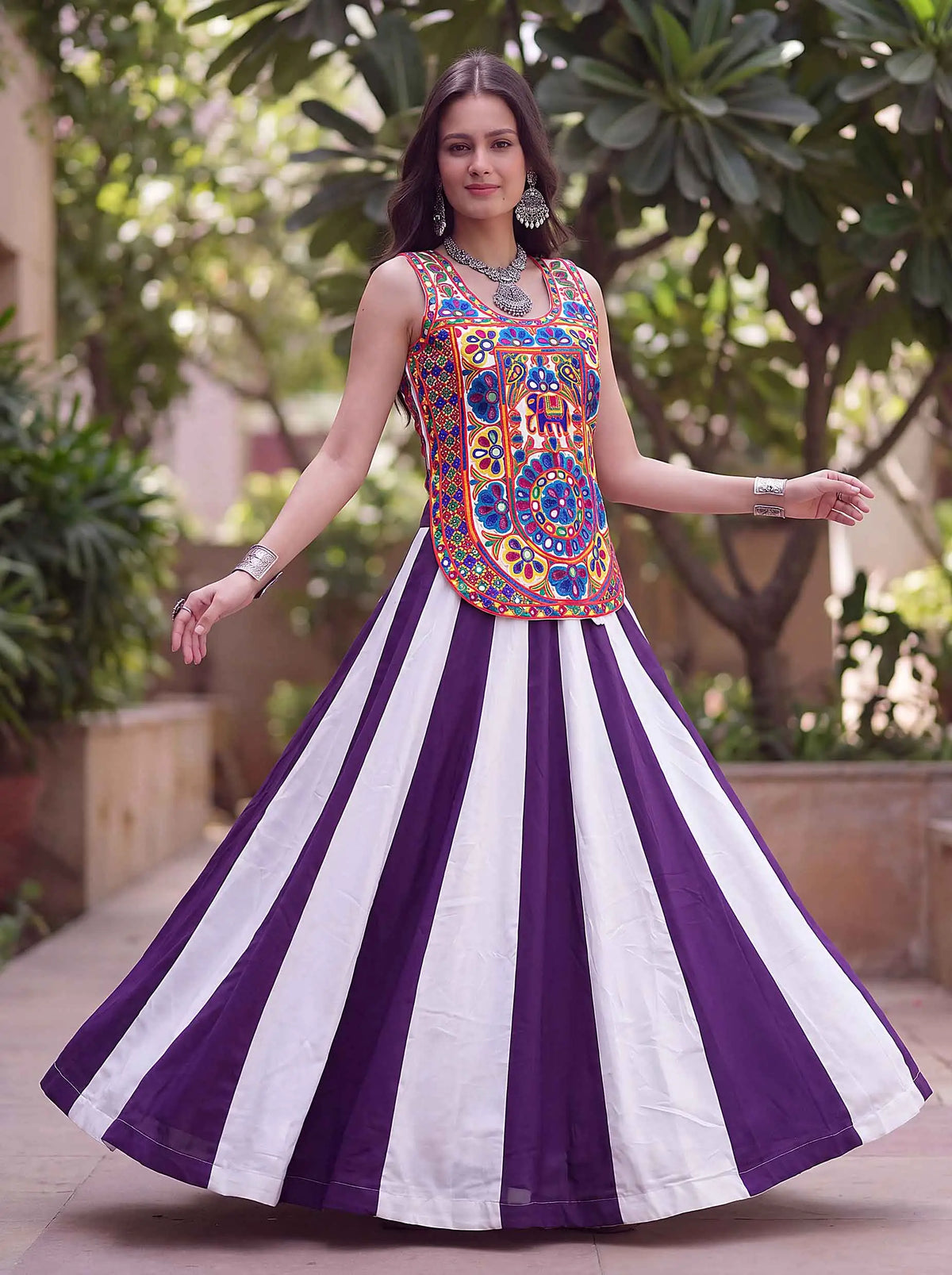 6 Meter Flair | Purple Navratri Lehenga Choli With Kali & Mirror Work