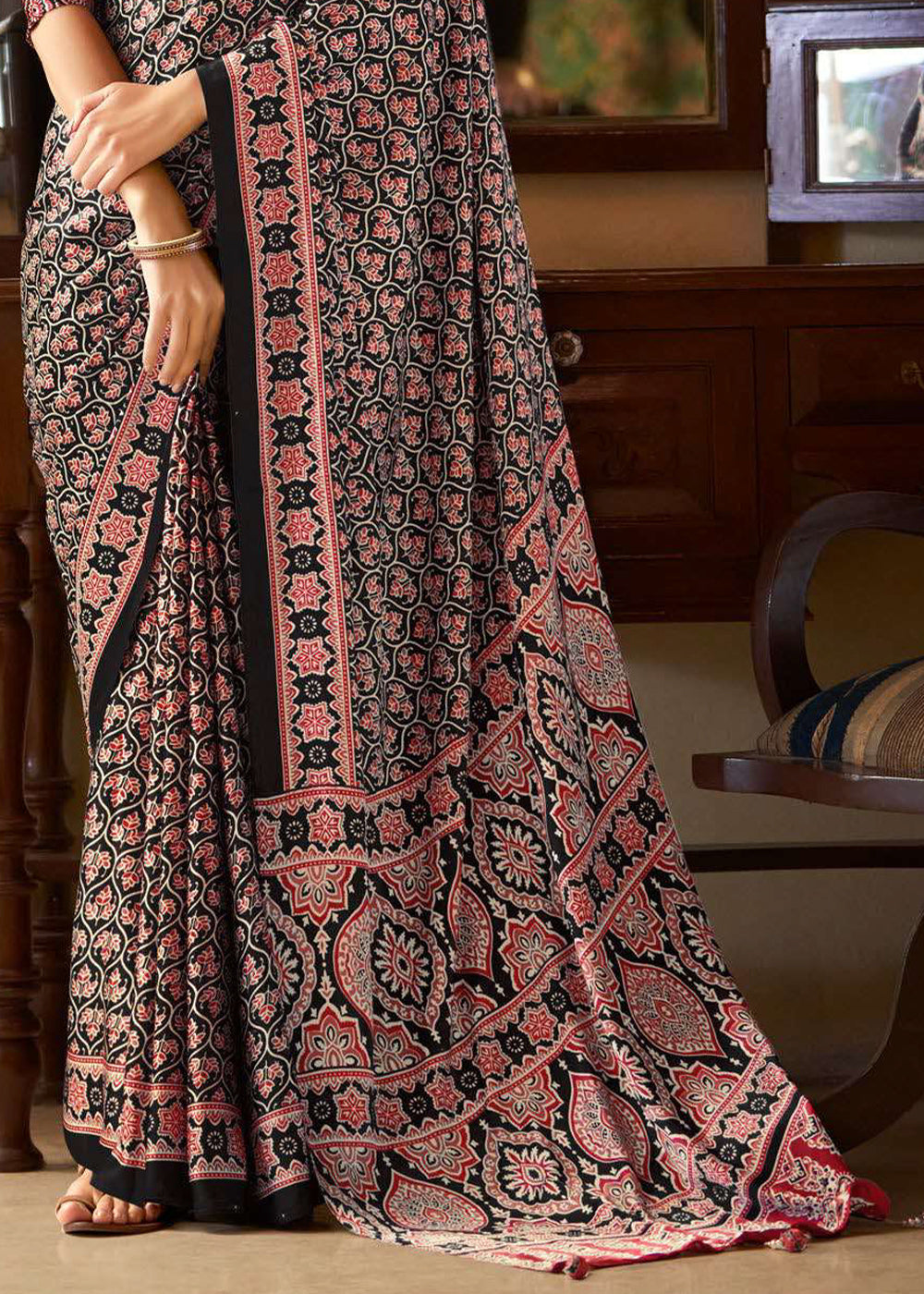 Ink Black Ajrakh Printed Satin Crepe Saree:Summer Collection - qivii