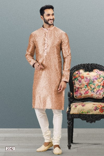 Men's Dark Peach Jacquard Banarasi Silk Pintux Work Kurta Pajama Set