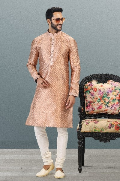 Men's Dark Peach Jacquard Banarasi Silk Pintux Work Kurta Pajama Set