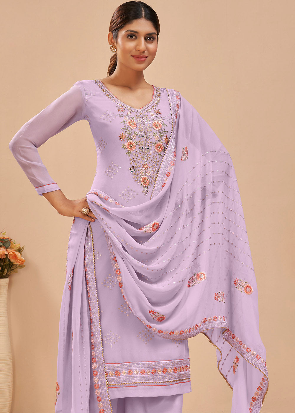 Mauve Purple Georgette Salwar Suit with Thread, Khatli & Sequence work By Qivii