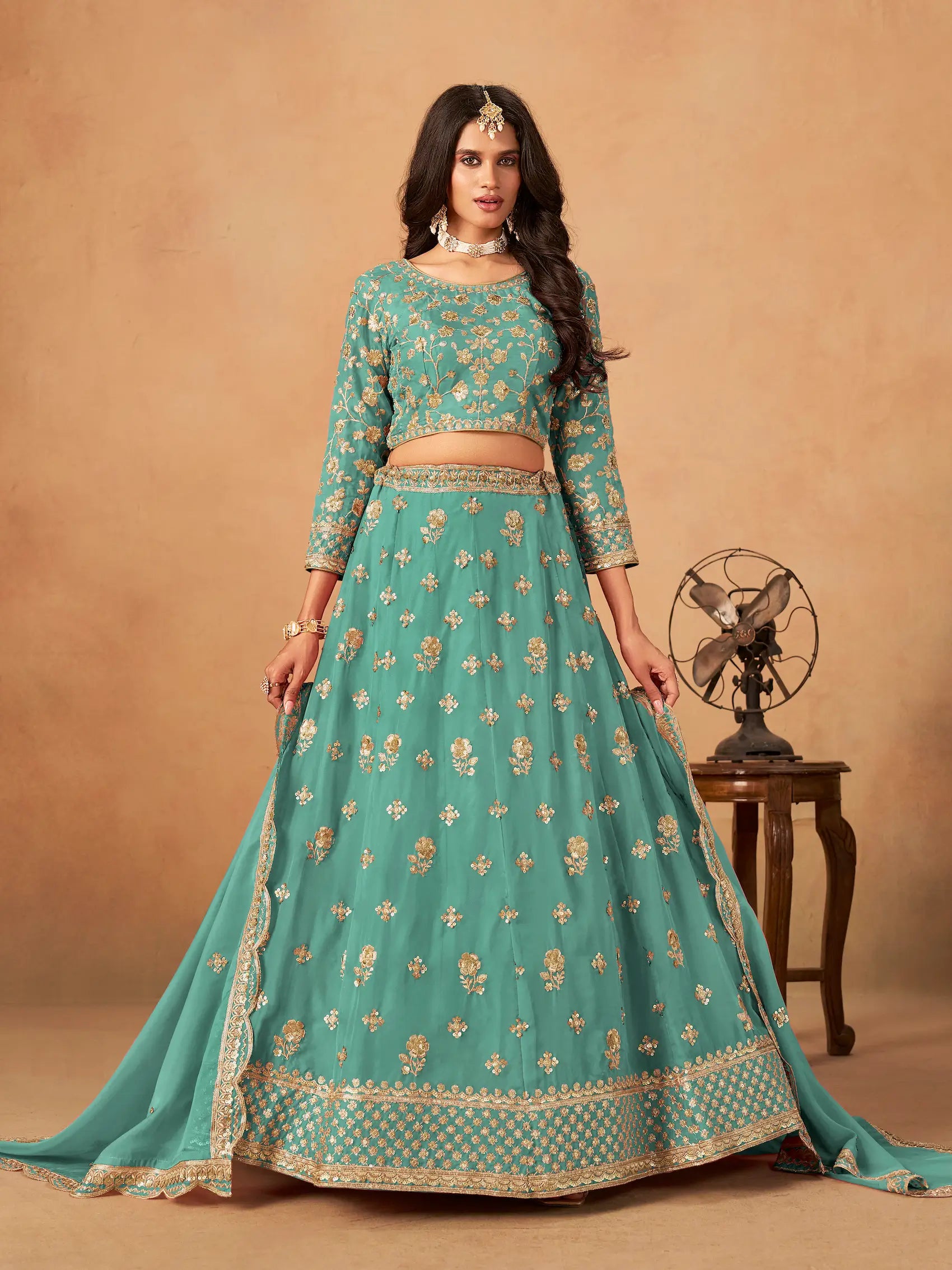Aqua Blue Organza Embroidery Work Lehenga Choli - qivii
