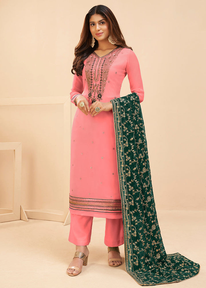 French Pink Georgette Salwar Suit with Zari, Thread, Khatli & Sequence work By Qivii