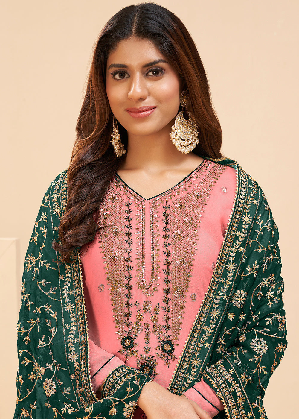 French Pink Georgette Salwar Suit with Zari, Thread, Khatli & Sequence work By Qivii