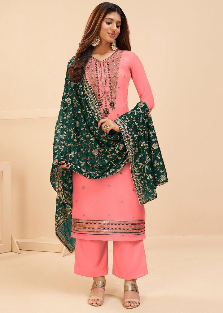 French Pink Georgette Salwar Suit with Zari, Thread, Khatli & Sequence work By Qivii