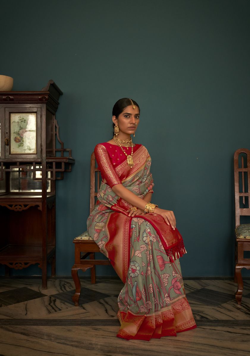 Norway Grey and Red Woven Banarasi Tussar Silk Kalamkari Saree