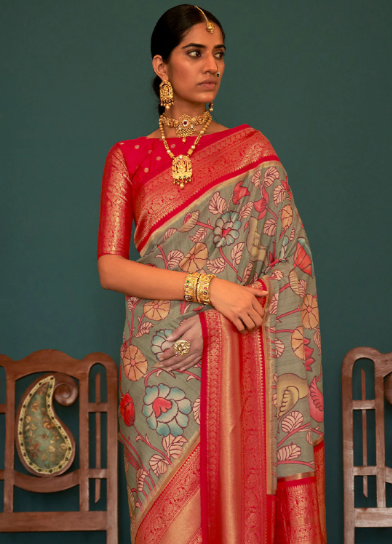 Norway Grey and Red Woven Banarasi Tussar Silk Kalamkari Saree