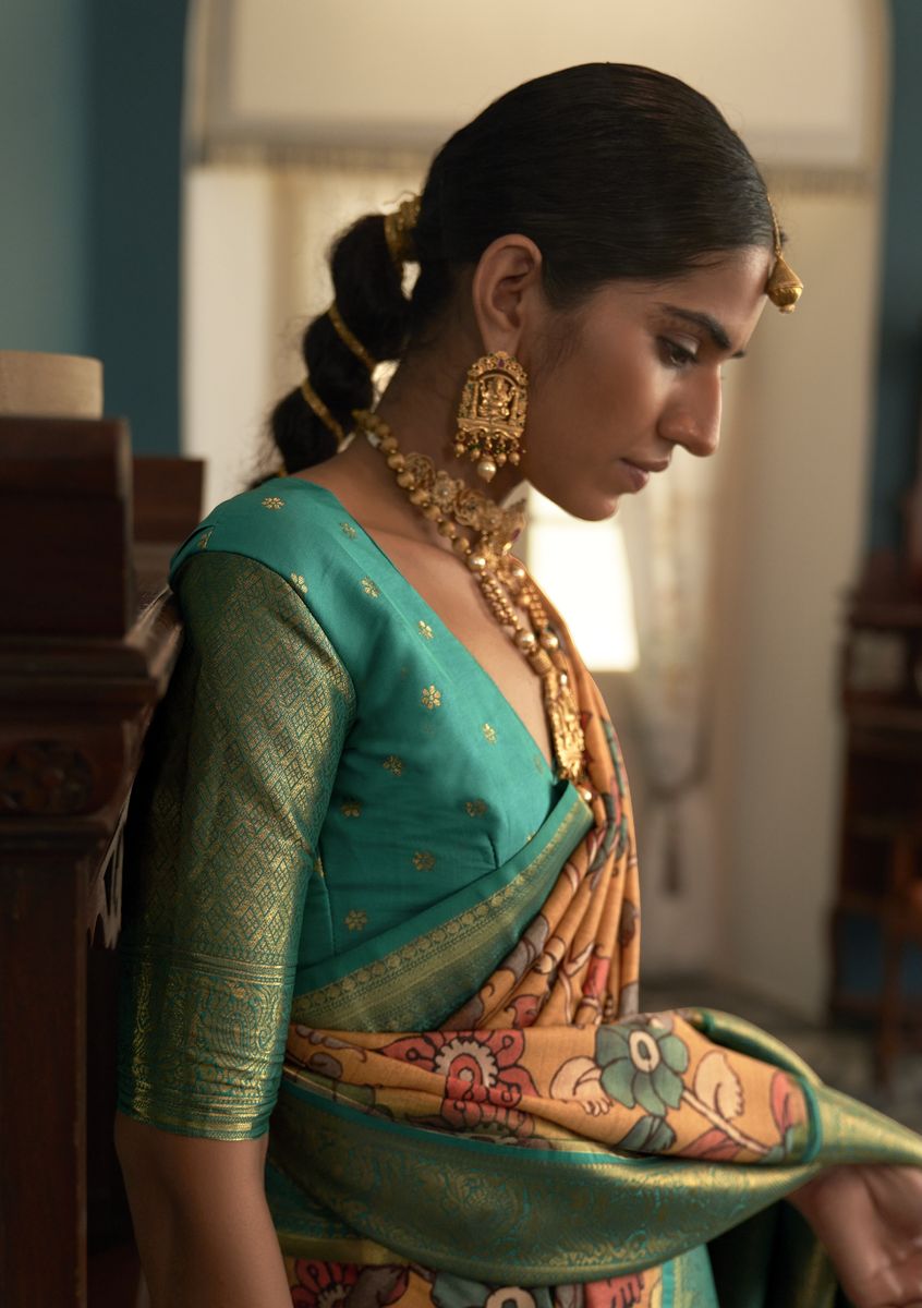 Brulee Yellow Woven Banarasi Tussar Silk Kalamkari Saree