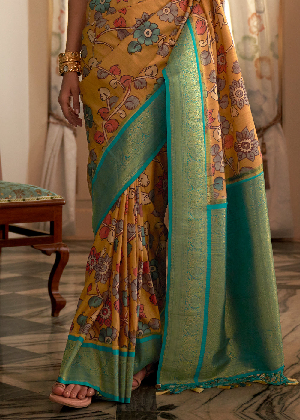 Brulee Yellow Woven Banarasi Tussar Silk Kalamkari Saree