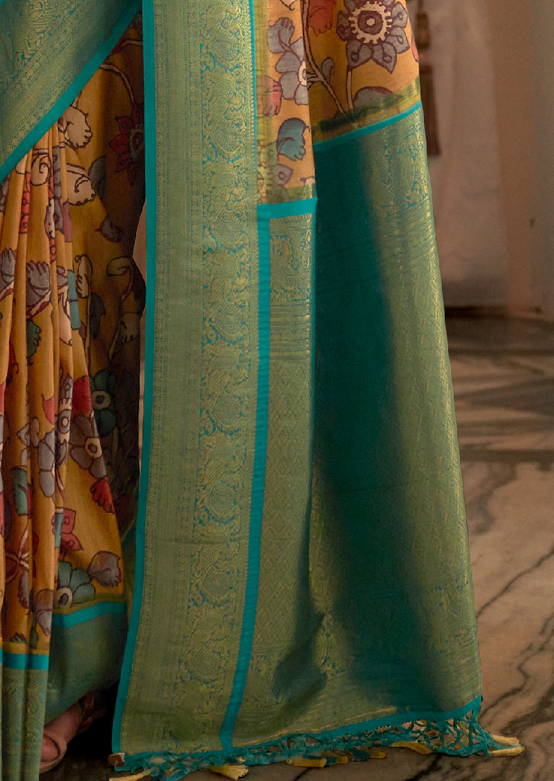 Brulee Yellow Woven Banarasi Tussar Silk Kalamkari Saree