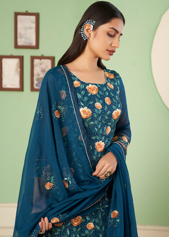 Prussian Blue Georgette Salwar Suit with Multi Colour Thread Embroidery & Sequence work By Qivii