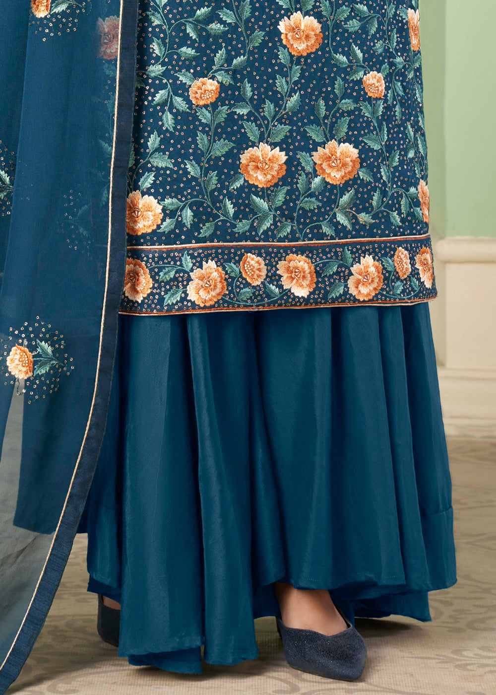 Prussian Blue Georgette Salwar Suit with Multi Colour Thread Embroidery & Sequence work By Qivii