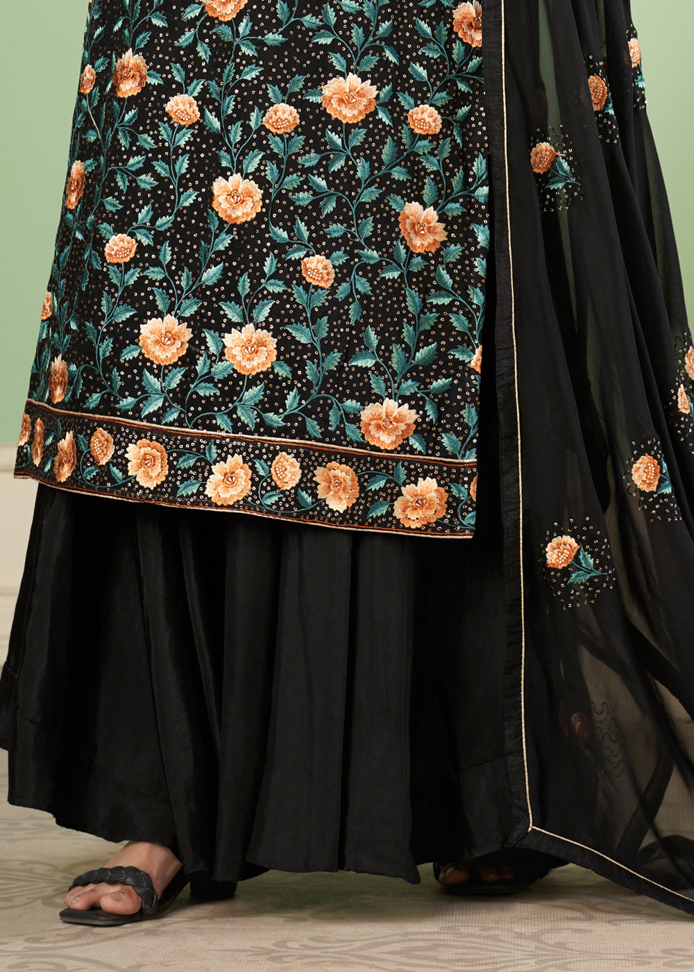 Pebble Black Georgette Salwar Suit with Multi Colour Thread Embroidery & Sequence work By Qivii