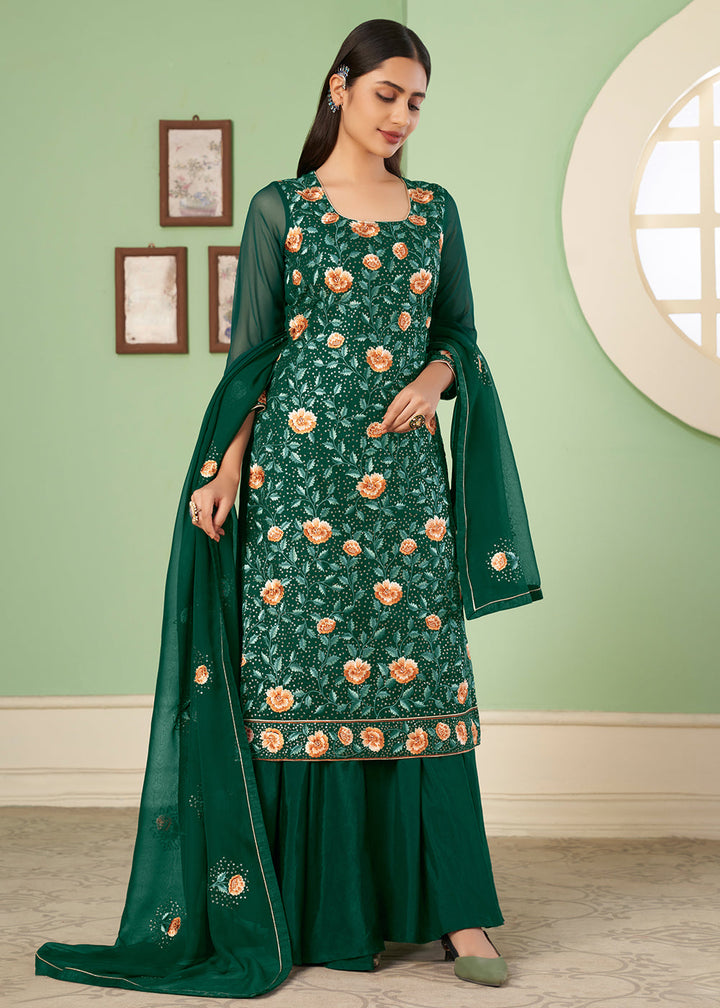 Cadmium Green Georgette Salwar Suit with Multi Colour Thread Embroidery & Sequence work By Qivii