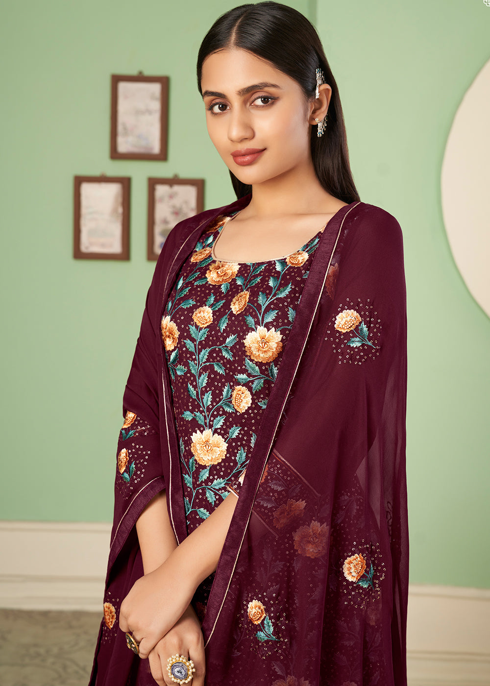 Currant Red Georgette Salwar Suit with Multi Colour Thread Embroidery & Sequence work - qivii