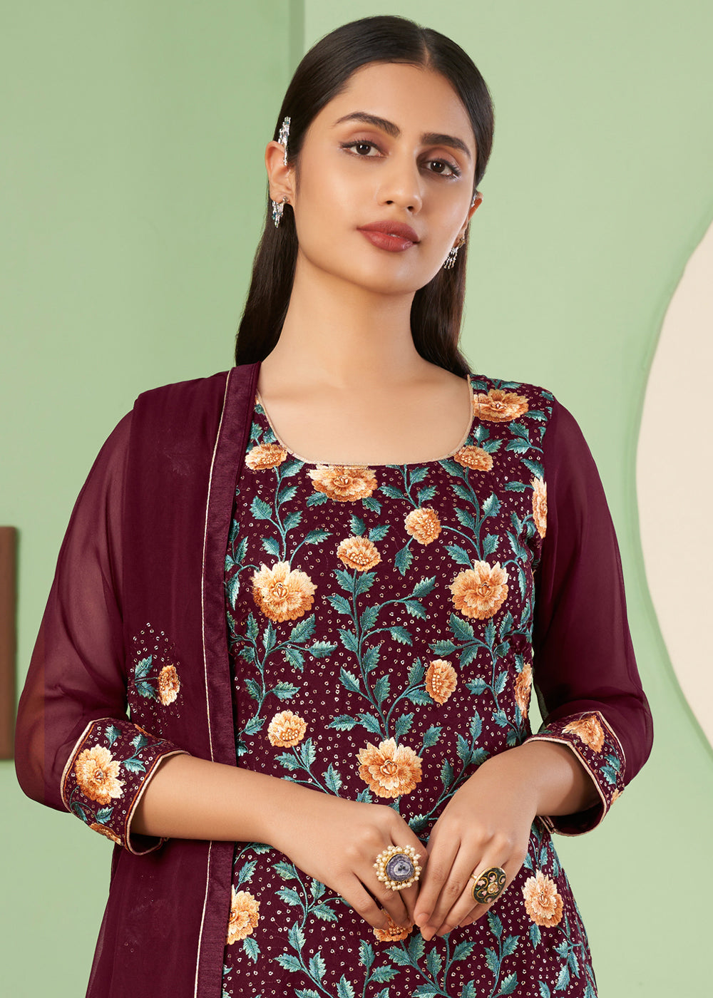 Currant Red Georgette Salwar Suit with Multi Colour Thread Embroidery & Sequence work - qivii