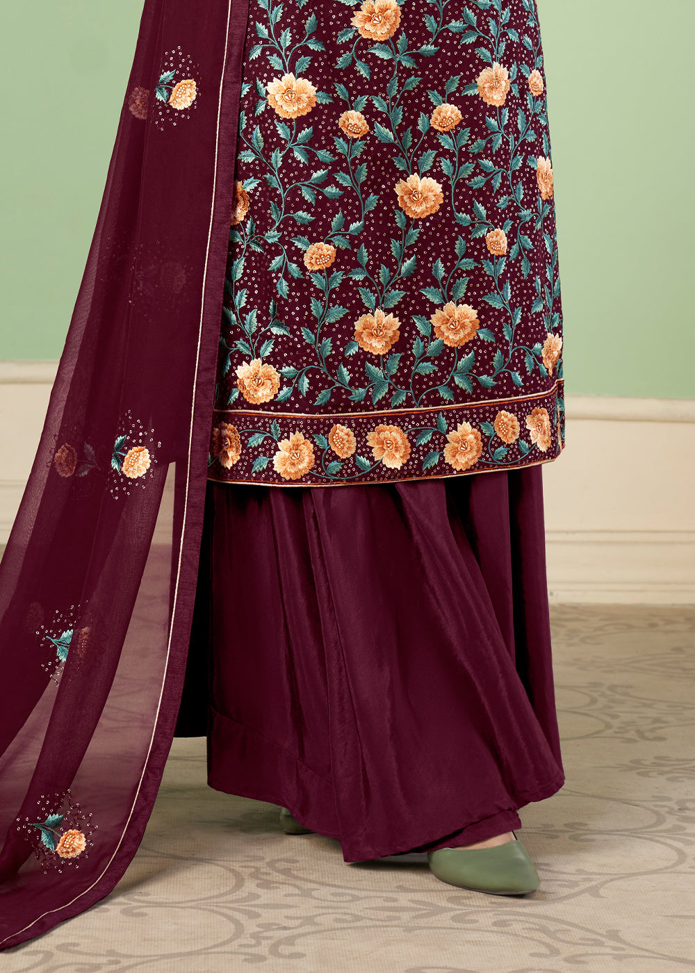 Currant Red Georgette Salwar Suit with Multi Colour Thread Embroidery & Sequence work - qivii