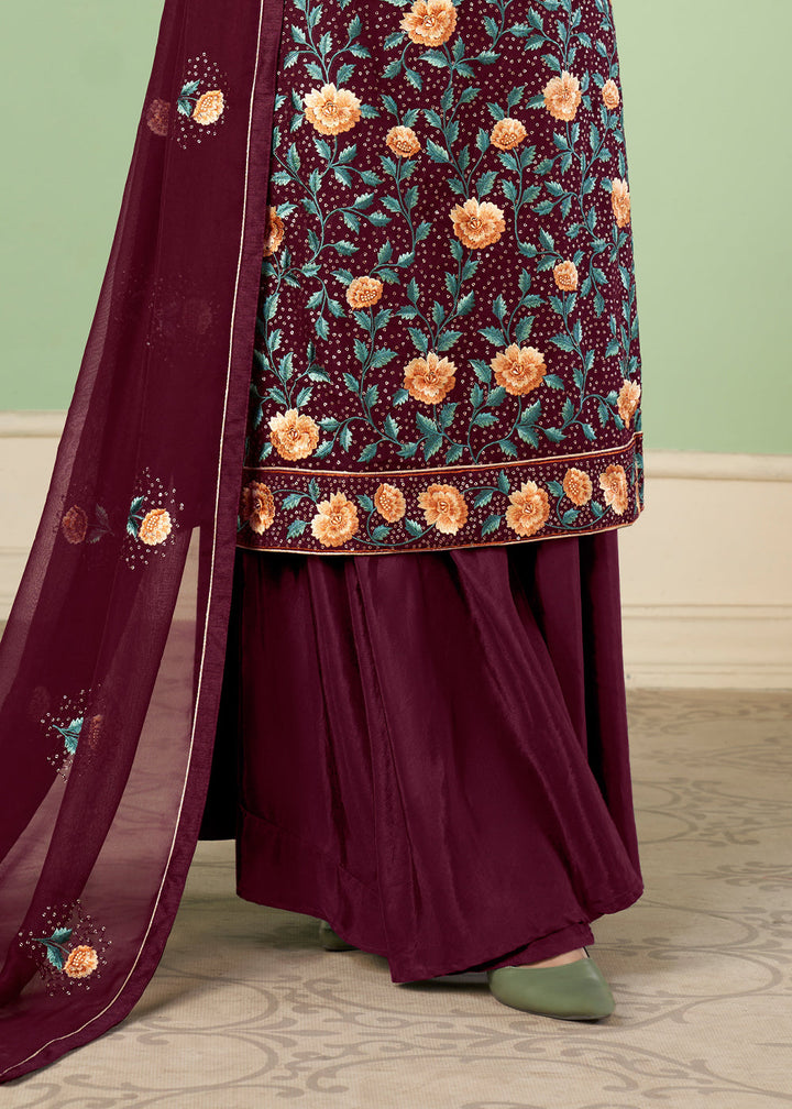 Currant Red Georgette Salwar Suit with Multi Colour Thread Embroidery & Sequence work By Qivii