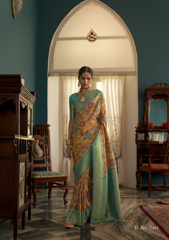 Brulee Yellow Woven Banarasi Tussar Silk Kalamkari Saree