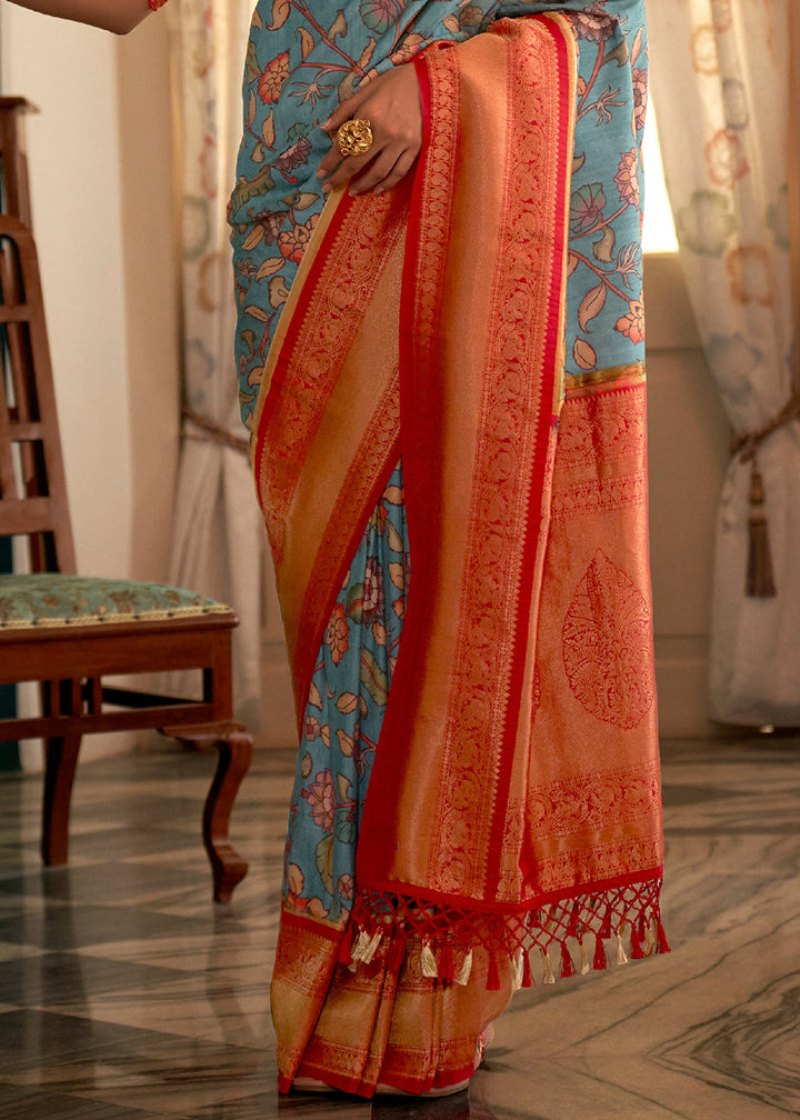 Blue And Orange Woven Banarasi Tussar Silk Kalamkari Saree