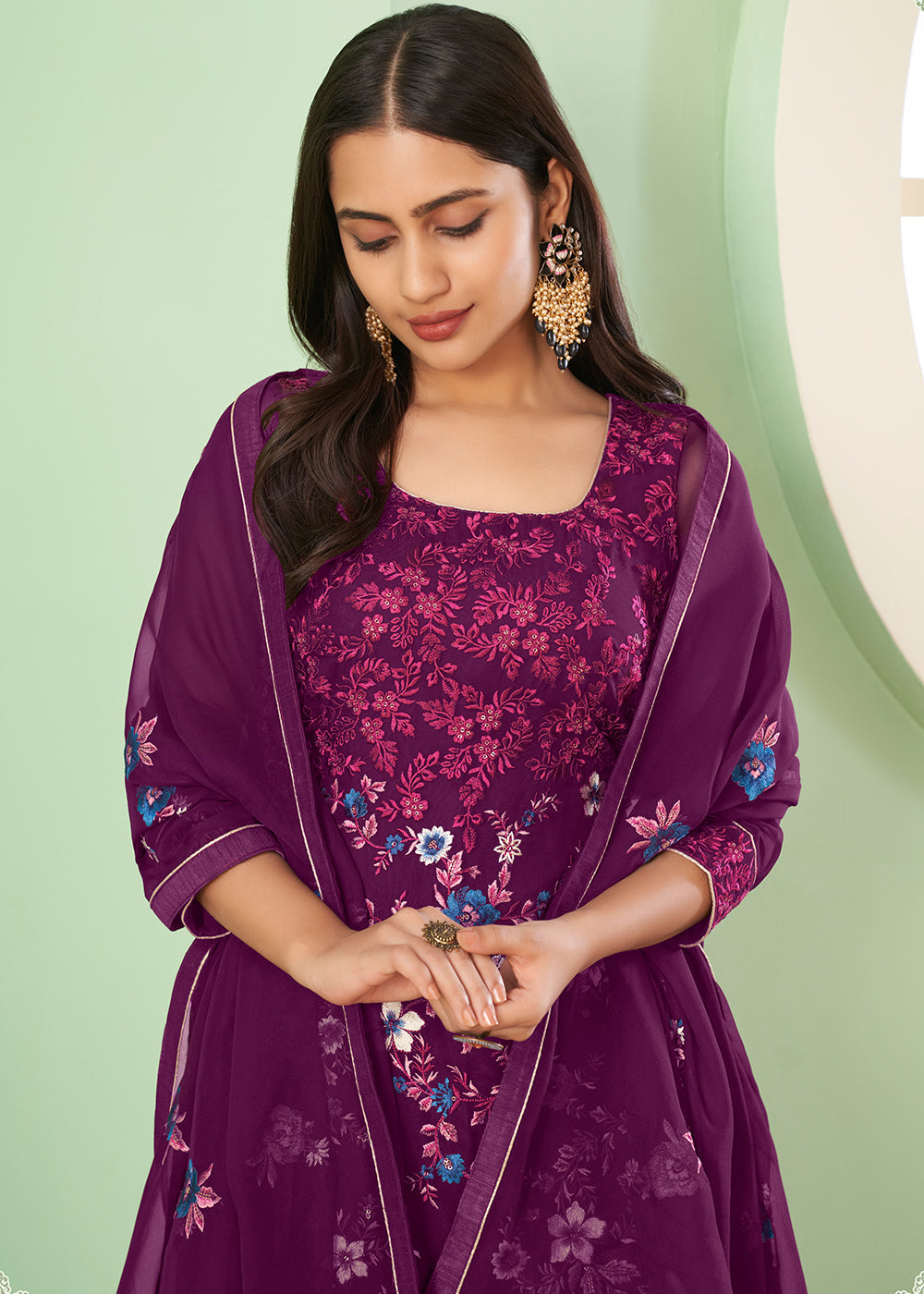 Byzantine Purple Georgette Salwar Suit with Multi Colour Thread Embroidery & Sequence work - qivii