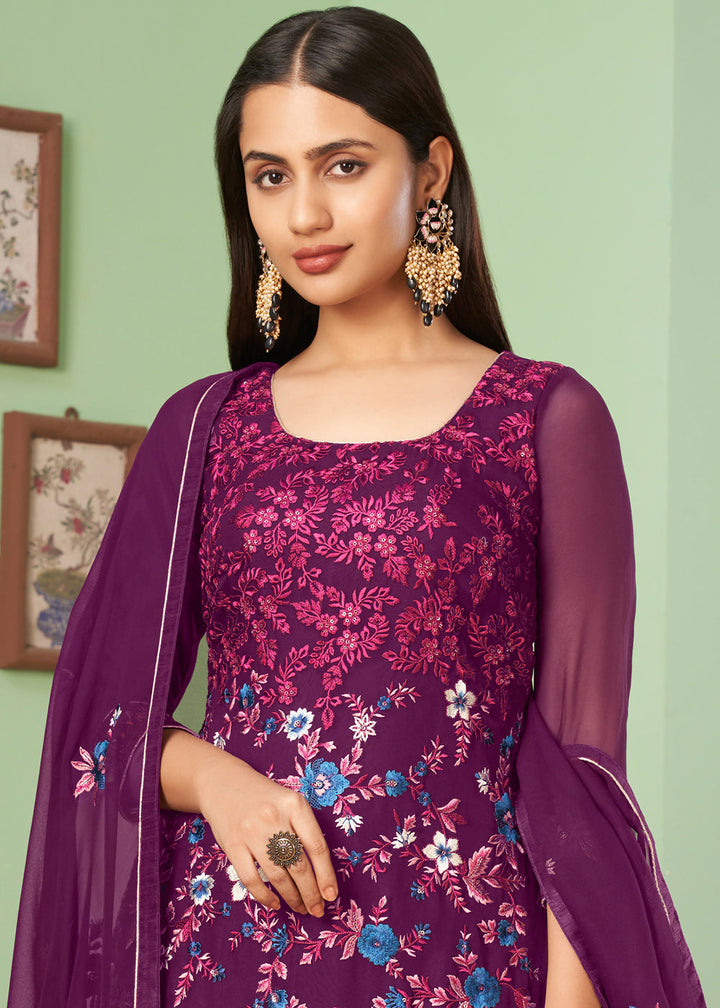 Byzantine Purple Georgette Salwar Suit with Multi Colour Thread Embroidery & Sequence work By Qivii