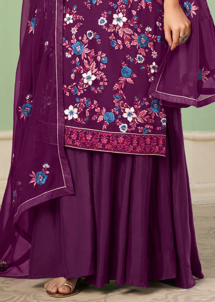 Byzantine Purple Georgette Salwar Suit with Multi Colour Thread Embroidery & Sequence work By Qivii