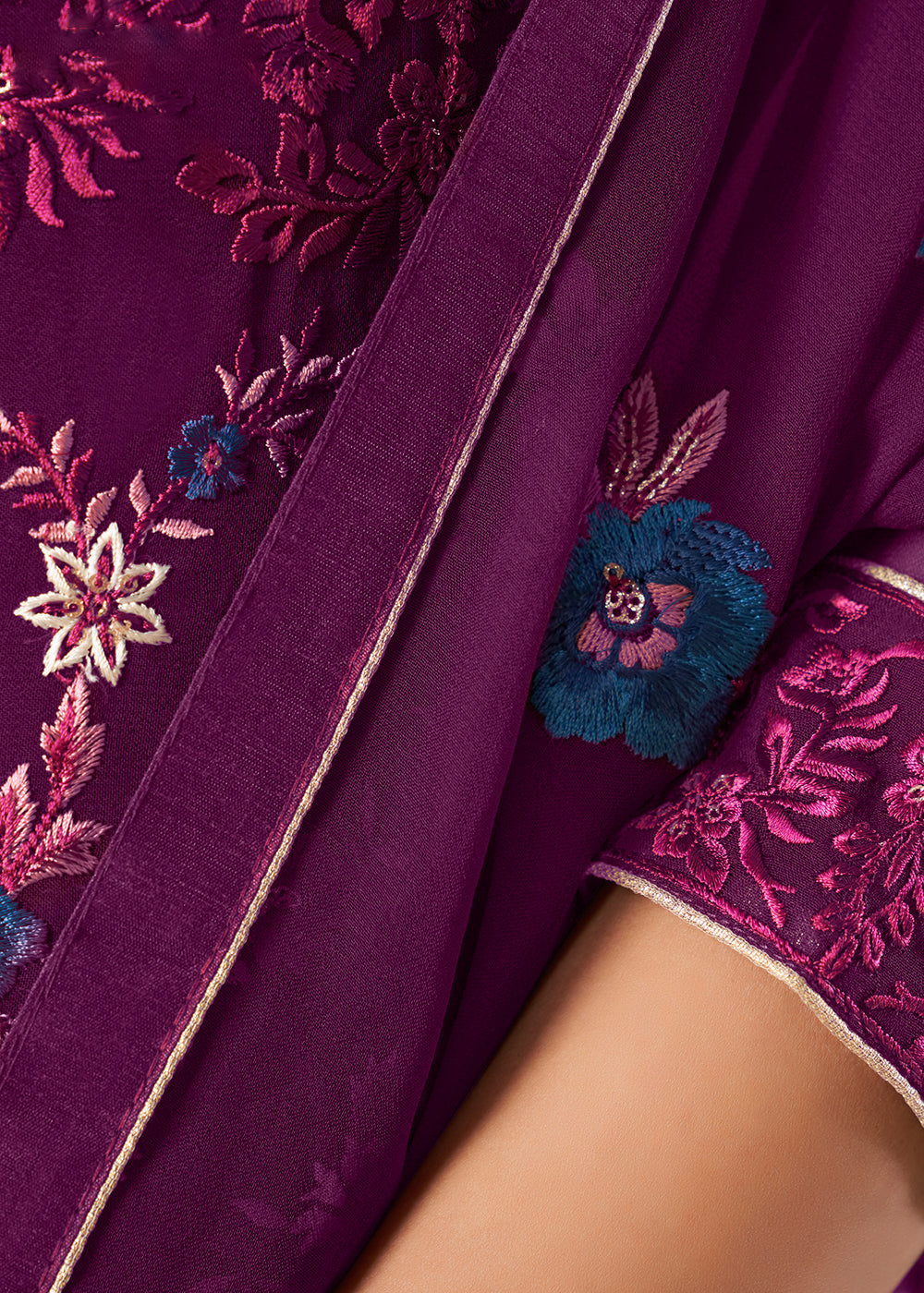 Byzantine Purple Georgette Salwar Suit with Multi Colour Thread Embroidery & Sequence work - qivii