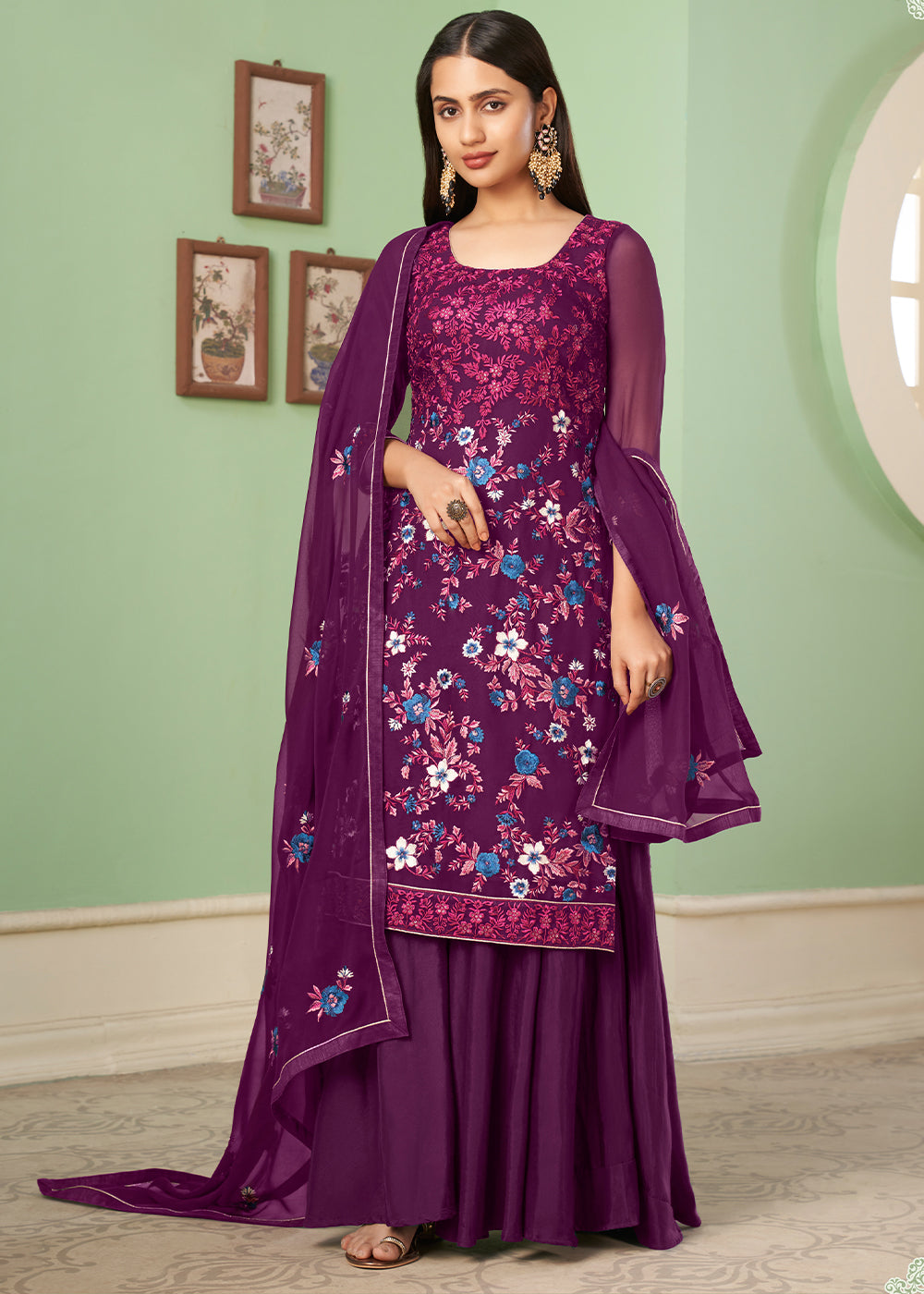 Byzantine Purple Georgette Salwar Suit with Multi Colour Thread Embroidery & Sequence work - qivii