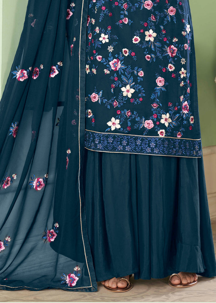 Cobalt Blue Georgette Salwar Suit with Multi Colour Thread Embroidery & Sequence work By Qivii