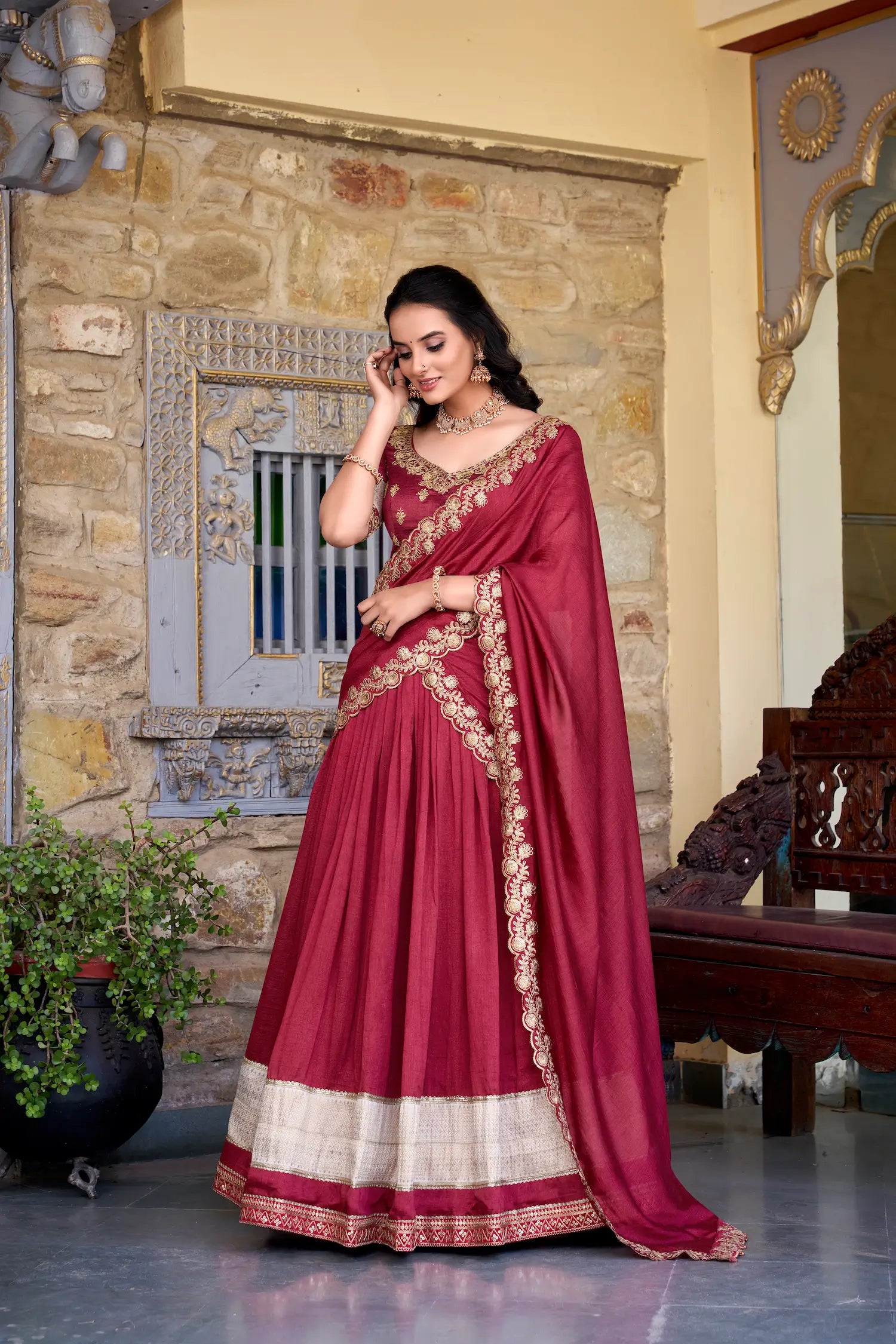 Rani Pink Vichitra Silk Lehenga Choli With Zari Weaving Work & Sequins Touch Up - qivii