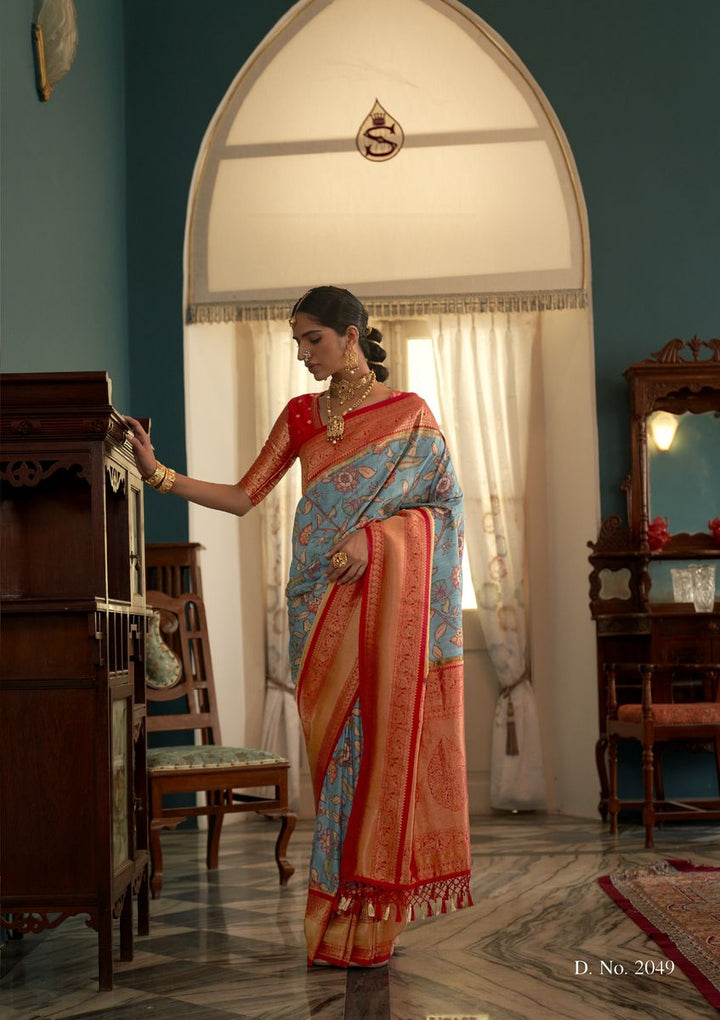 Blue And Orange Woven Banarasi Tussar Silk Kalamkari Saree