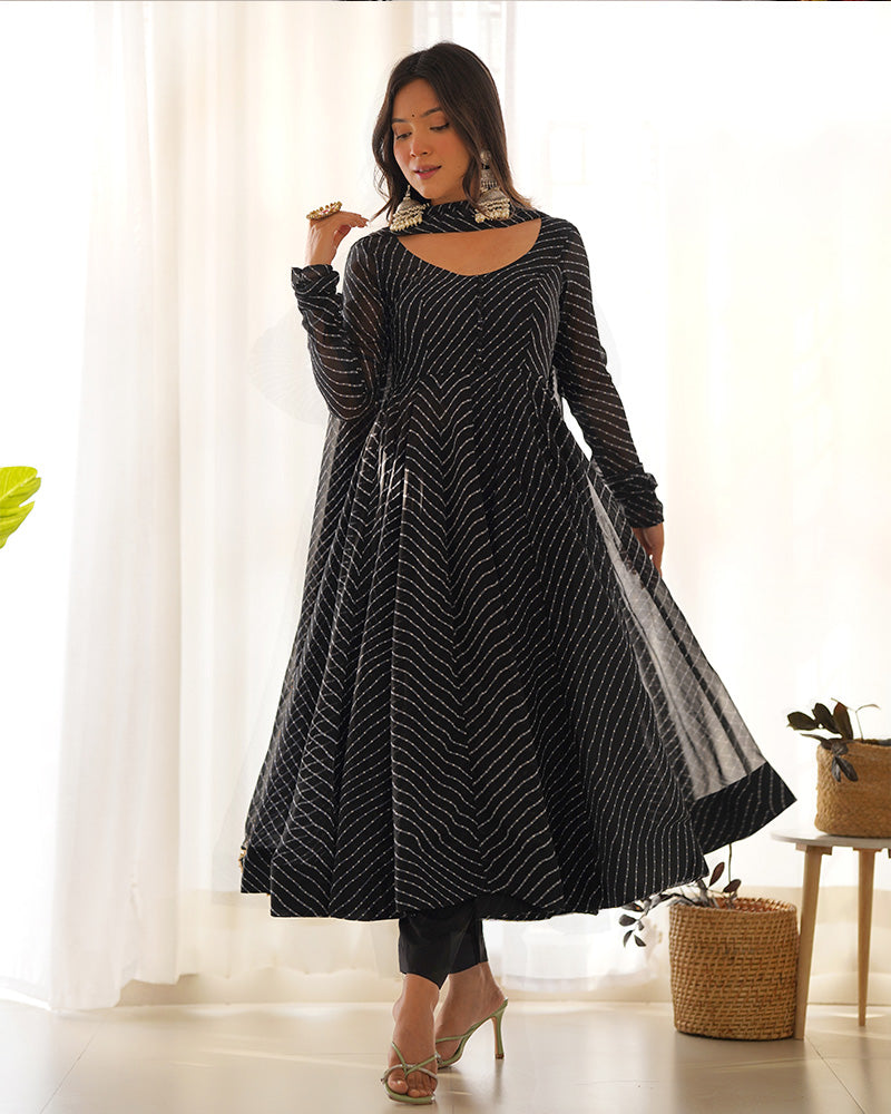 Black Color Laheriya Print Georgette Three Piece Anarkali Suit  - By Qivii