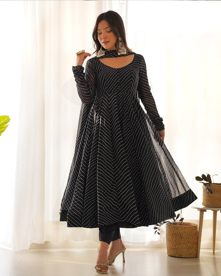 Black Color Laheriya Print Georgette Three Piece Anarkali Suit  - By Qivii