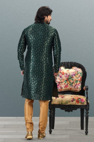 Men's Green Jacquard Banarasi Silk Pintux Work Kurta Pajama Set