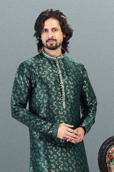 Men's Green Jacquard Banarasi Silk Pintux Work Kurta Pajama Set