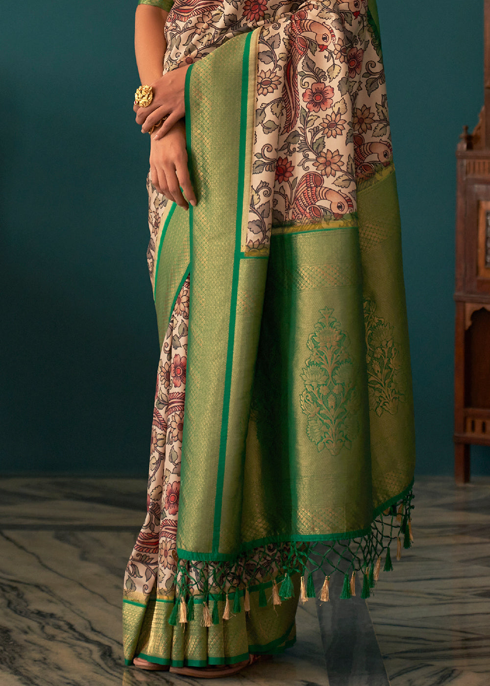 Hippie Green and White Woven Banarasi Tussar Silk Kalamkari Saree