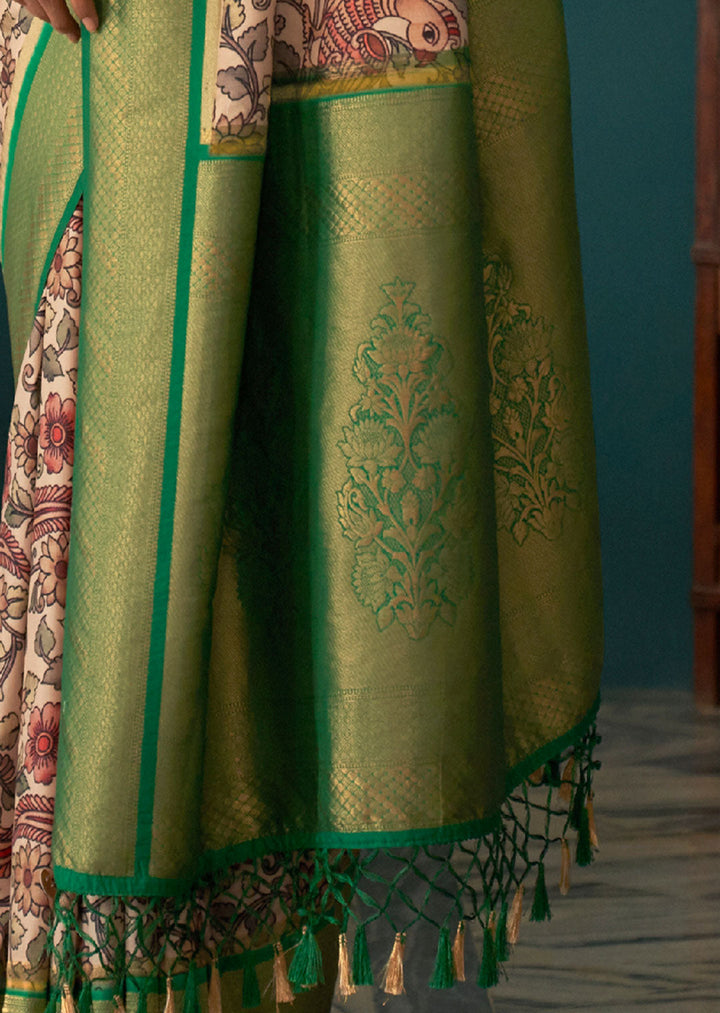 Hippie Green and White Woven Banarasi Tussar Silk Kalamkari Saree